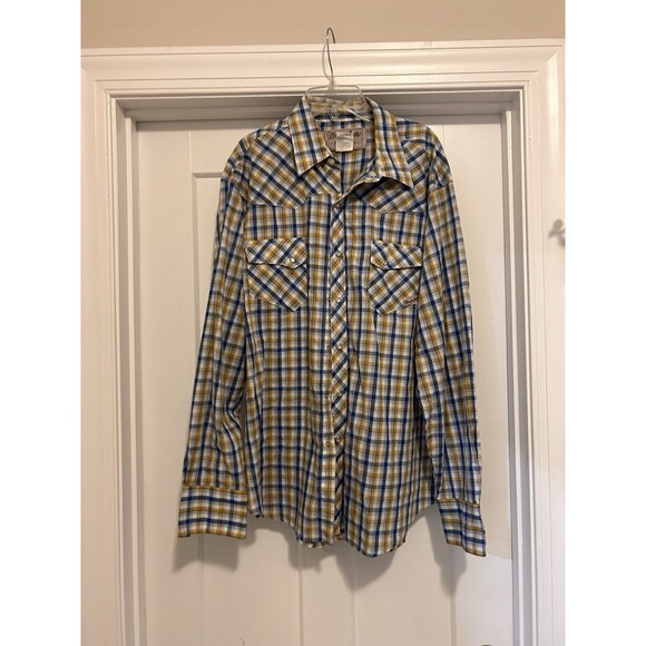 Wrangler Wrancher Western Pearl Snap XL Button Down LS Plaid Yellow Blue Vintage - Picture 1 of 4